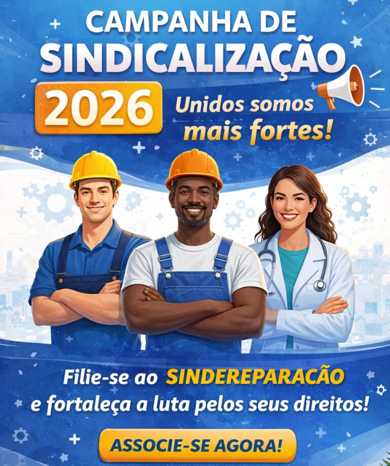 A imagem tem como finalidade divulgar e fortalecer a Campanha de Sindicalização 2026 do SINDEREPARAÇÃO, estimulando os trabalhadores da categoria a se filiarem ao sindicato. Ela busca: Conscientizar sobre a importância da união dos trabalhadores para a defesa de direitos; Valorizar a categoria, representando diferentes perfis profissionais e transmitindo inclusão, diversidade e força coletiva; Reforçar a identidade sindical, destacando o nome do SINDEREPARAÇÃO e sua atuação; Convocar à ação, com mensagem direta de incentivo à filiação (“Associe-se agora”); Aumentar o alcance institucional, sendo adequada para uso em site, redes sociais, materiais digitais e campanhas informativas.