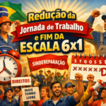 Imagem institucional do Sindereparação que representa a luta dos trabalhadores pela redução da jornada de trabalho, pelo fim da escala 6x1 e pela garantia de mais tempo livre, saúde e dignidade no trabalho.