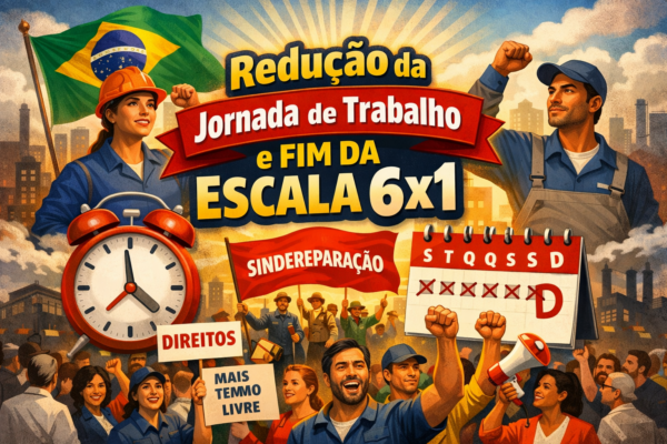 Imagem institucional do Sindereparação que representa a luta dos trabalhadores pela redução da jornada de trabalho, pelo fim da escala 6x1 e pela garantia de mais tempo livre, saúde e dignidade no trabalho.